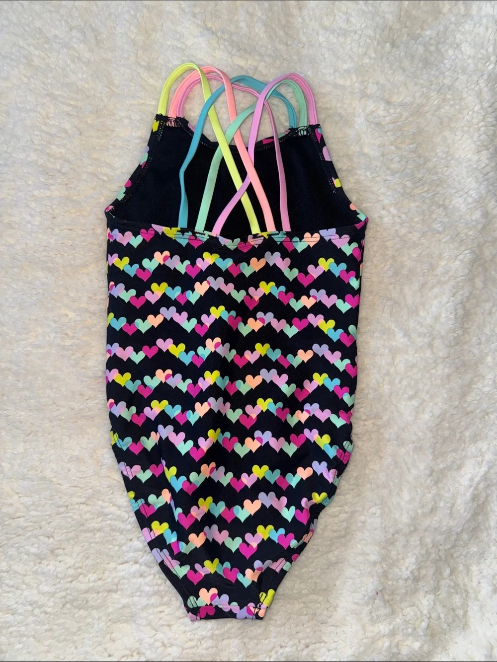 The Children's Place Black One-Piece Swimsuit with Multicolor Heart Print NWOT